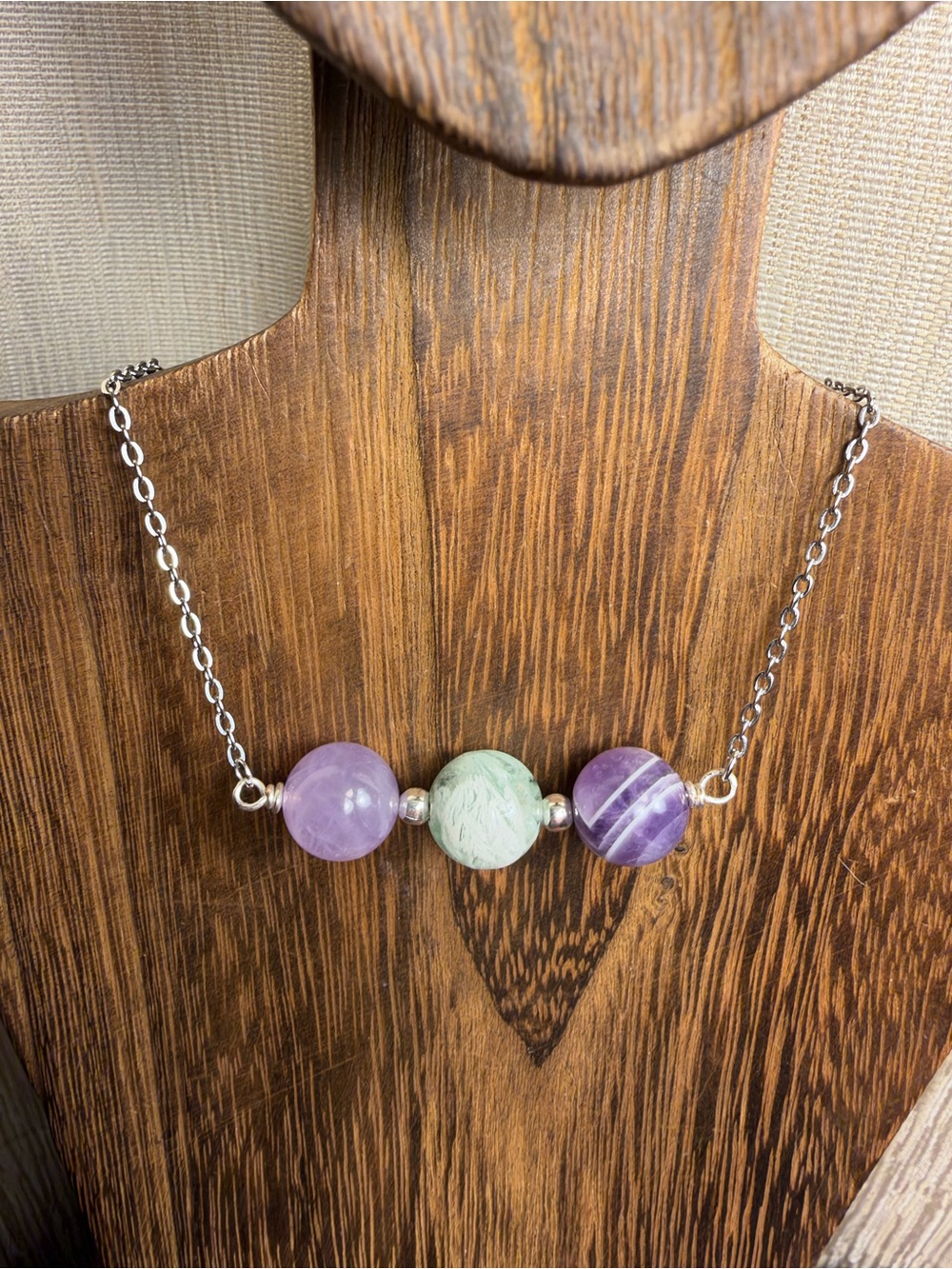 Triple Bead Bar Necklace; Dream Amethyst, Feather Fluorite, and Lavender Quartz
